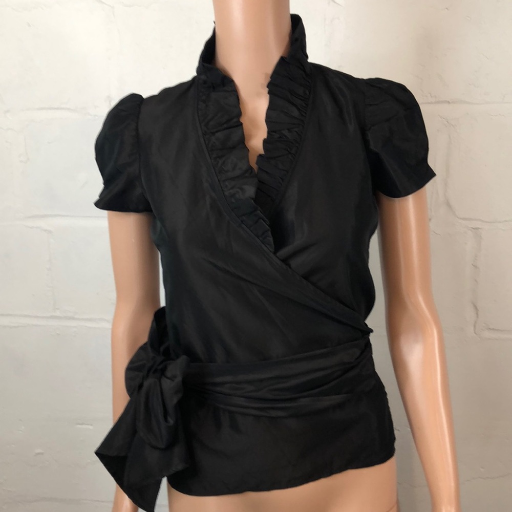 Zara Basic Ruffled Wrap Top Size XS DK Brown Short Sleeve #g46